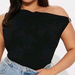 INAWLY Plus Size Women's Solid Color Asymmetrical Neck Top, 1XL, Black